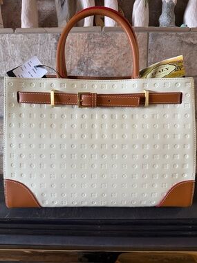 Arcadia Cream and Brown Structured Tote Bag with Gold Accents